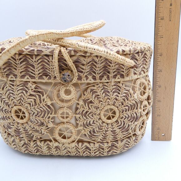 Handmade Woven Pine Straw Basket Purse 10x7 Wood Bottom Retro Boho VTG EUC - Picture 13 of 13